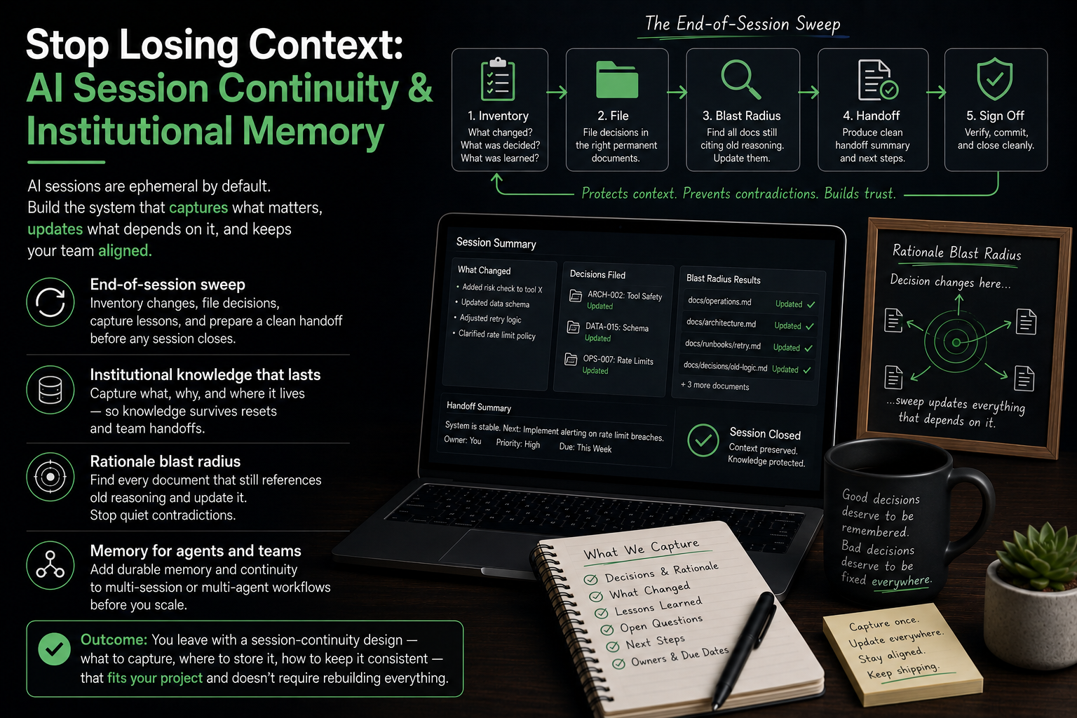 Stop Losing Context: AI Session Continuity and Institutional Memory — design an end-of-session sweep so decisions and lessons survive a context reset.